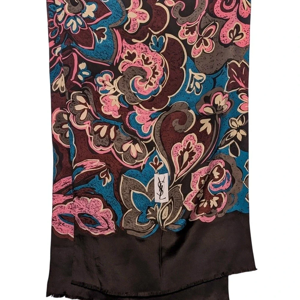 Yves Saint Laurent Vintage Long Silk Scarf Paisley Floral Brown Pink Rectangle